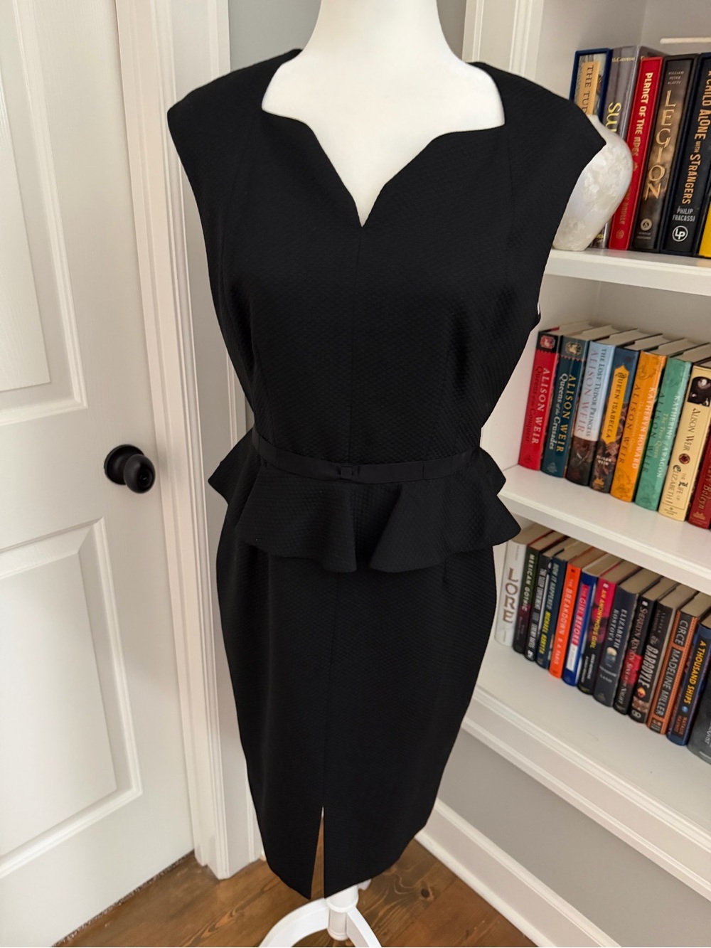 Ted Baker London Black Sleeveless Peplum Sheath Dress with Notch Neckline